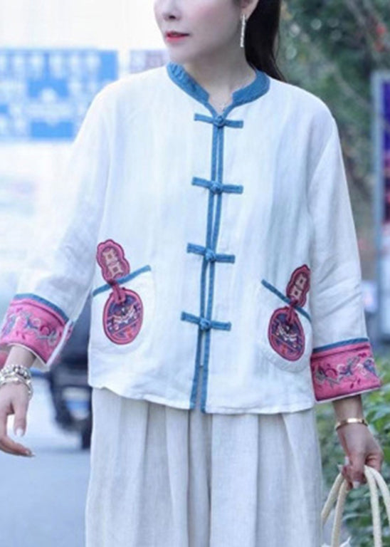 White Embroideried Linen Tops Long Sleeve
