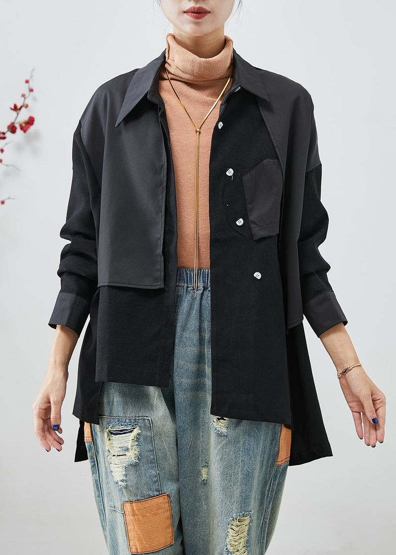 Black Asymmetrical Patchwork Back Open Cotton Jackets Fall