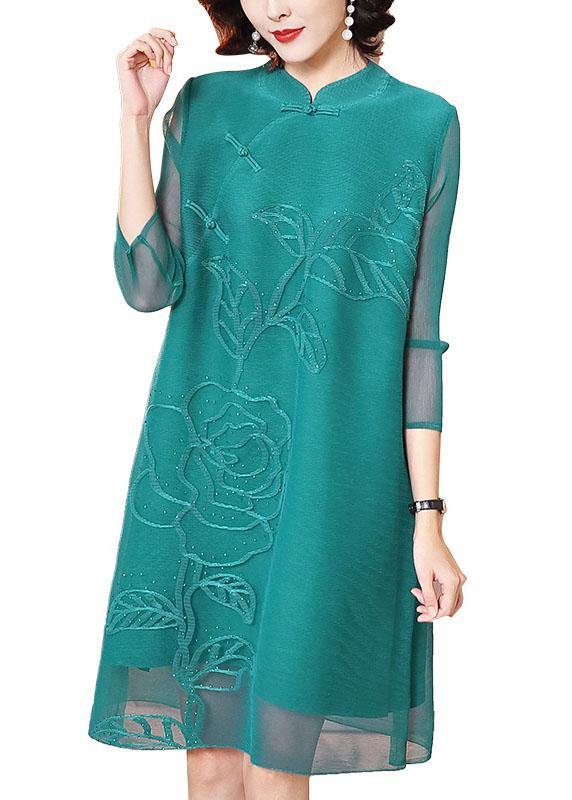 Italian Green Print Oriental Long Sleeve Robe Dresses Summer