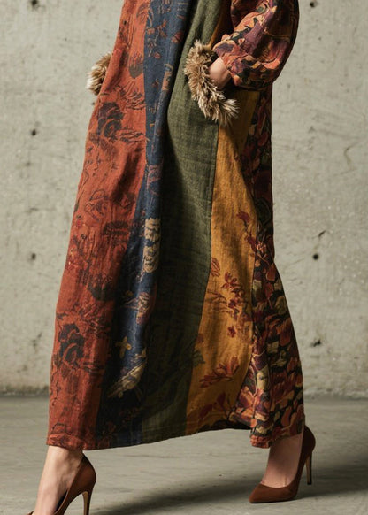 Print Patchwork Faux Fur Maxi Dresses Fall