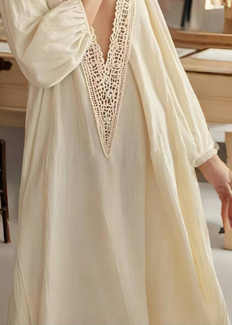 Fitted Apricot V Neck Patchwork Lace Robe Dresses Spring