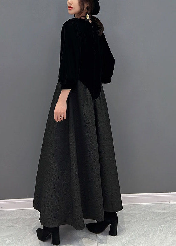 Fine Black O-neck Asymmetrical Patchwork Silk Velour Dress Fall
