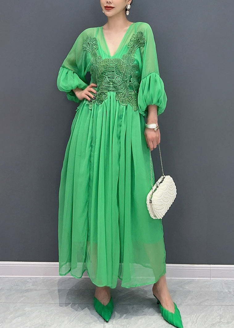 Stylish Green V Neck Embroidered Chiffon Long Dress Fall