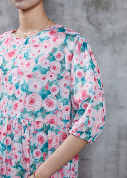 French Pink Print Cotton Long Dress Summer
