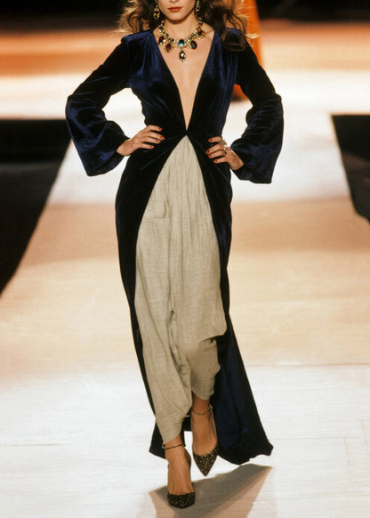 Black Deep-v Neck Patchwork Cotton Robe Dresses Spring