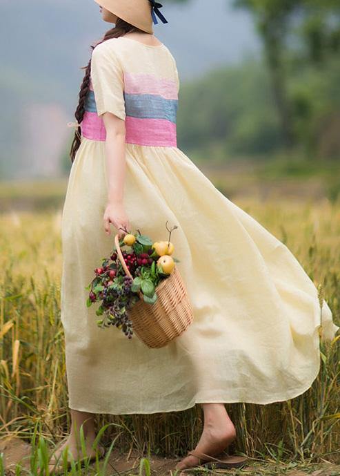 Yellow Tunic Dress O Neck Patchwork Traveling Summer Dresses