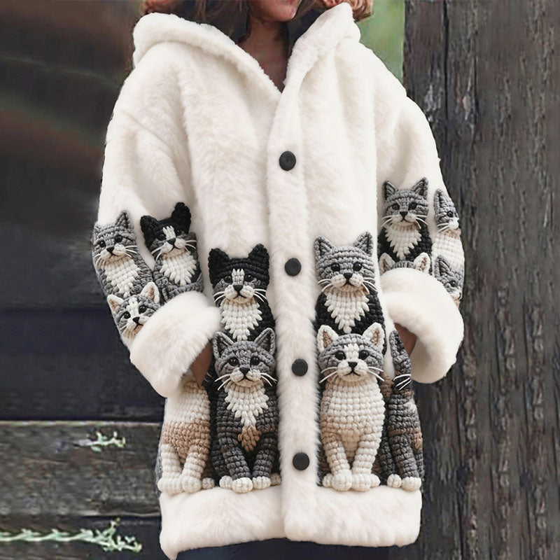 Comstylish Women's Cat Pattern Cozy Knit Hooded Sweater Cardigan