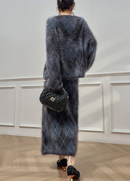 Plaid O Neck Cweaters and Skirts Ma Hai Mao Two Pieces Set Winter