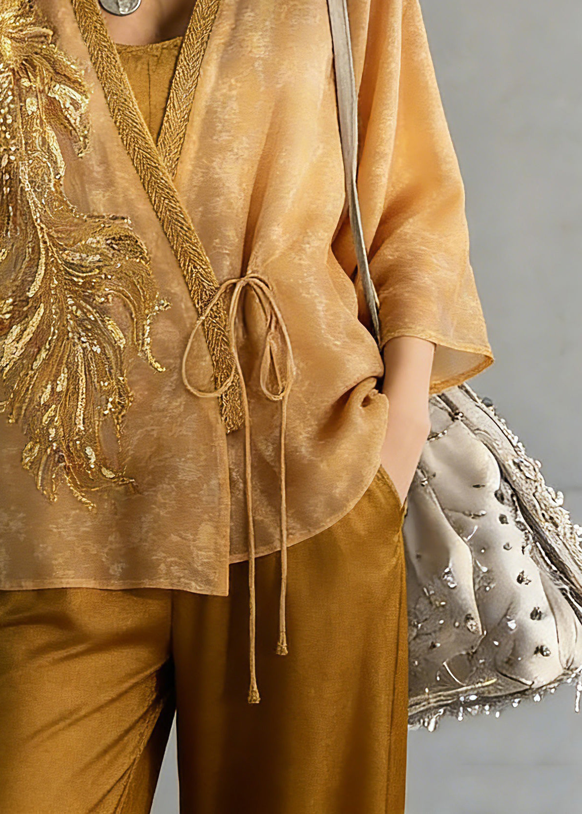 Fine Yellow Embroidered Tie Waist Silk Cardigans Three Quarter Sleeve Sleeve Spring