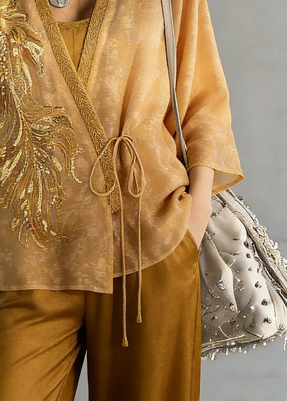 Fine Yellow Embroidered Tie Waist Silk Cardigans Three Quarter Sleeve Sleeve Spring