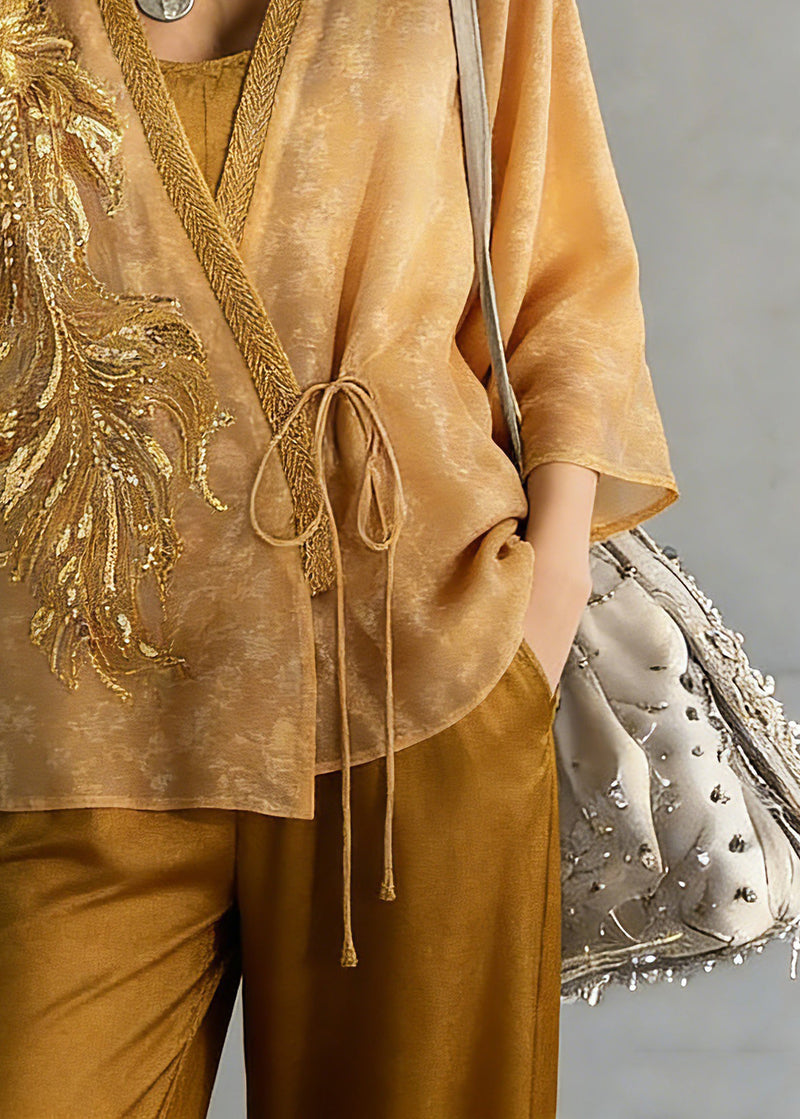 Fine Yellow Embroidered Tie Waist Silk Cardigans Three Quarter Sleeve Sleeve Spring