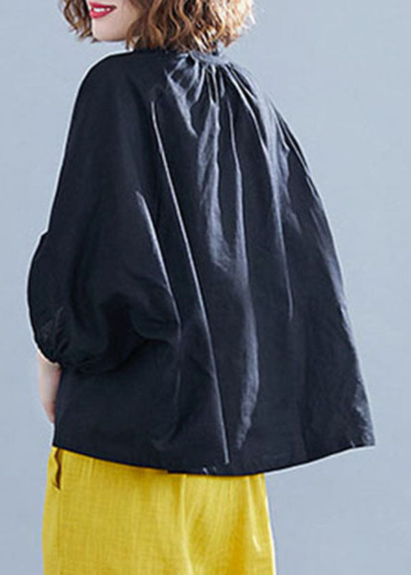 Black Stand Collar Button Cotton Shirt Half Sleeve