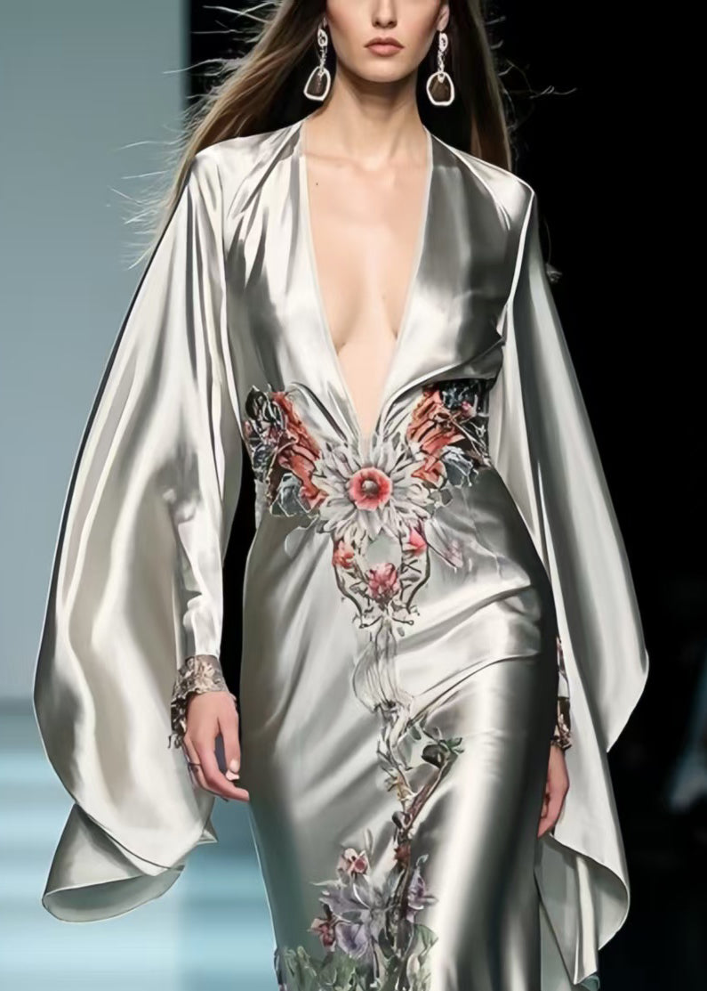 Original Design Grey Deep-v Neck Print Silk Party Dresses Batwing Sleeve Spring