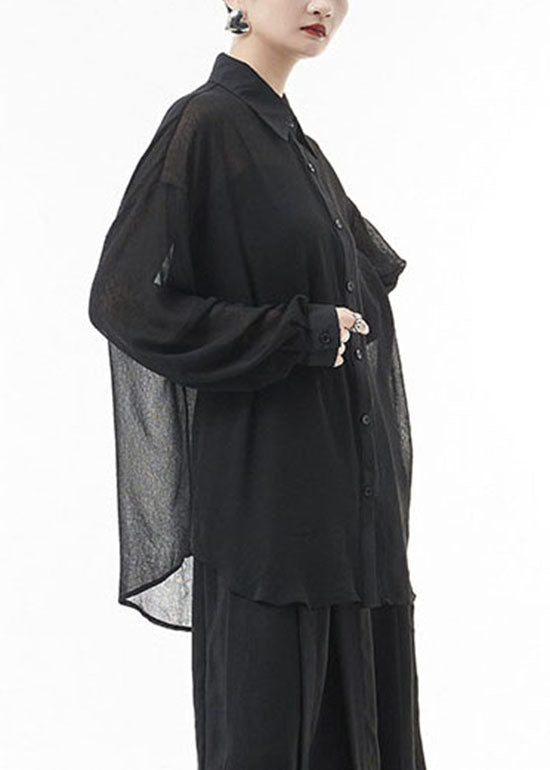 Black Button Peter Pan Collar Patchwork Tulle Shirts Spring