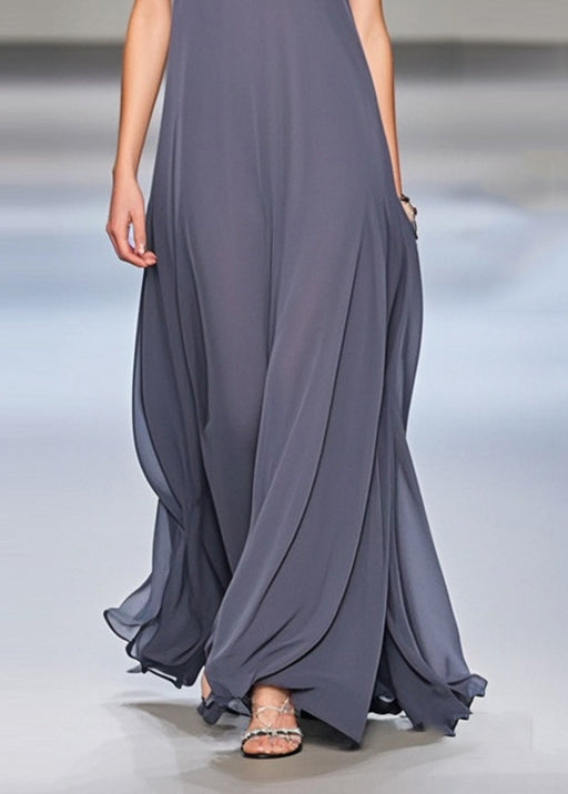 Grey Exra Large Hem Draping Chiffon Long Dresses Sleeveless Summer