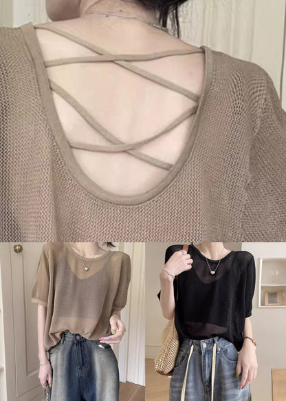 Khaki O Neck Hollow Out Knit T Shirt Summer