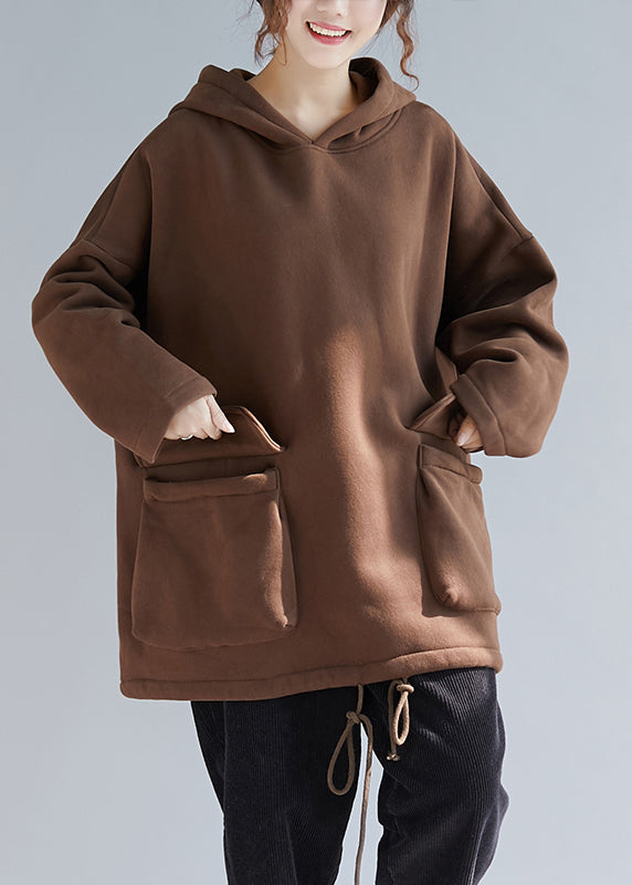 Chocolate Colour Pockets Drawstring Cotton Hooded Pullover Long Sleeve