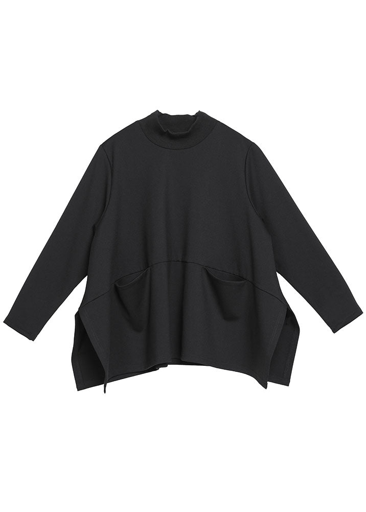 Boutique Black Loose Pockets Side Open Fall Long Sleeve Top
