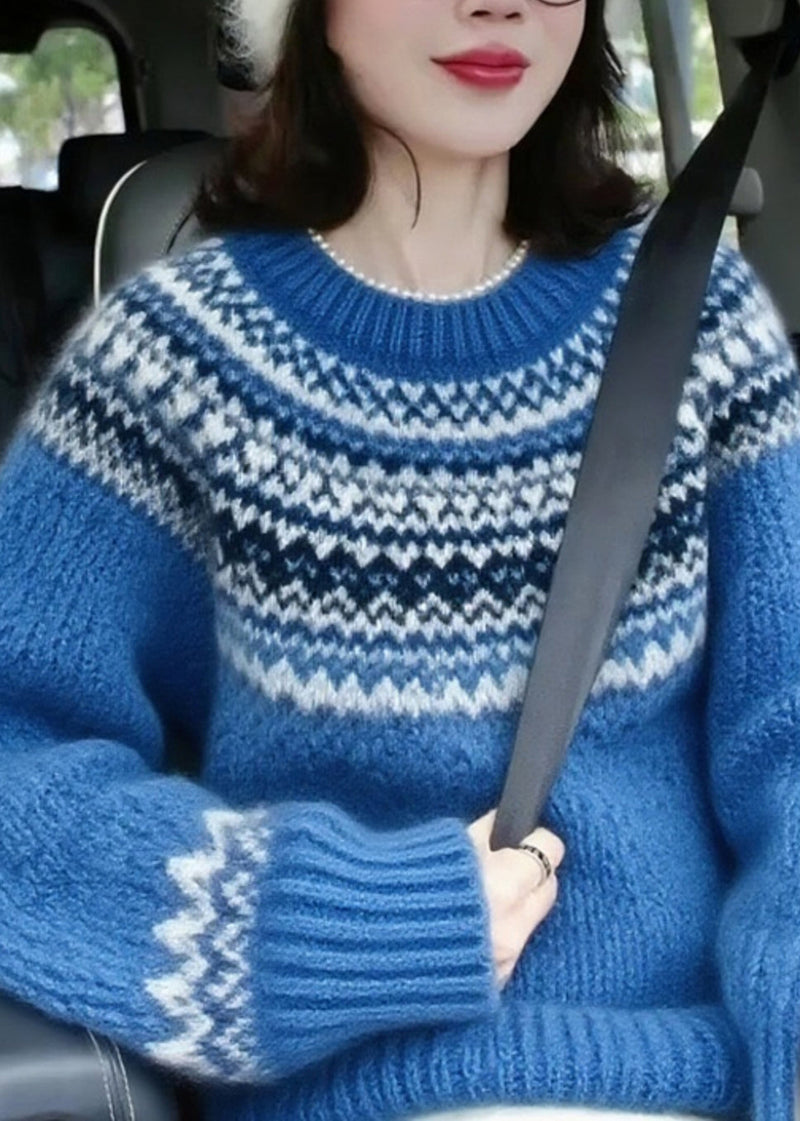 Blue O-neck Print Thick Cotton Knit Sweater Lantern Sleeve