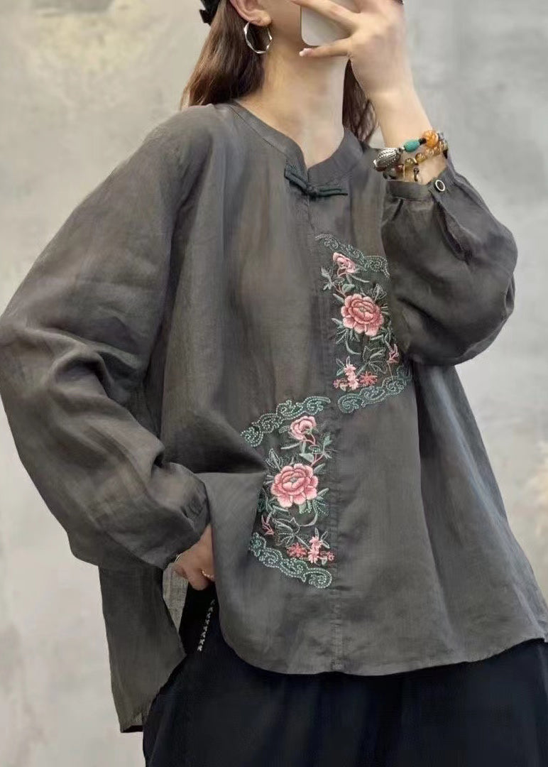 Retro Grey O-neck Embroideried Linen Shirt Top Lantern Sleeve