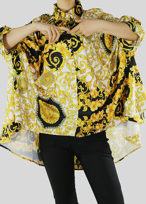 Diy Yellow Low High Design Peter Pan Collar Print Shirt Batwing Sleeve