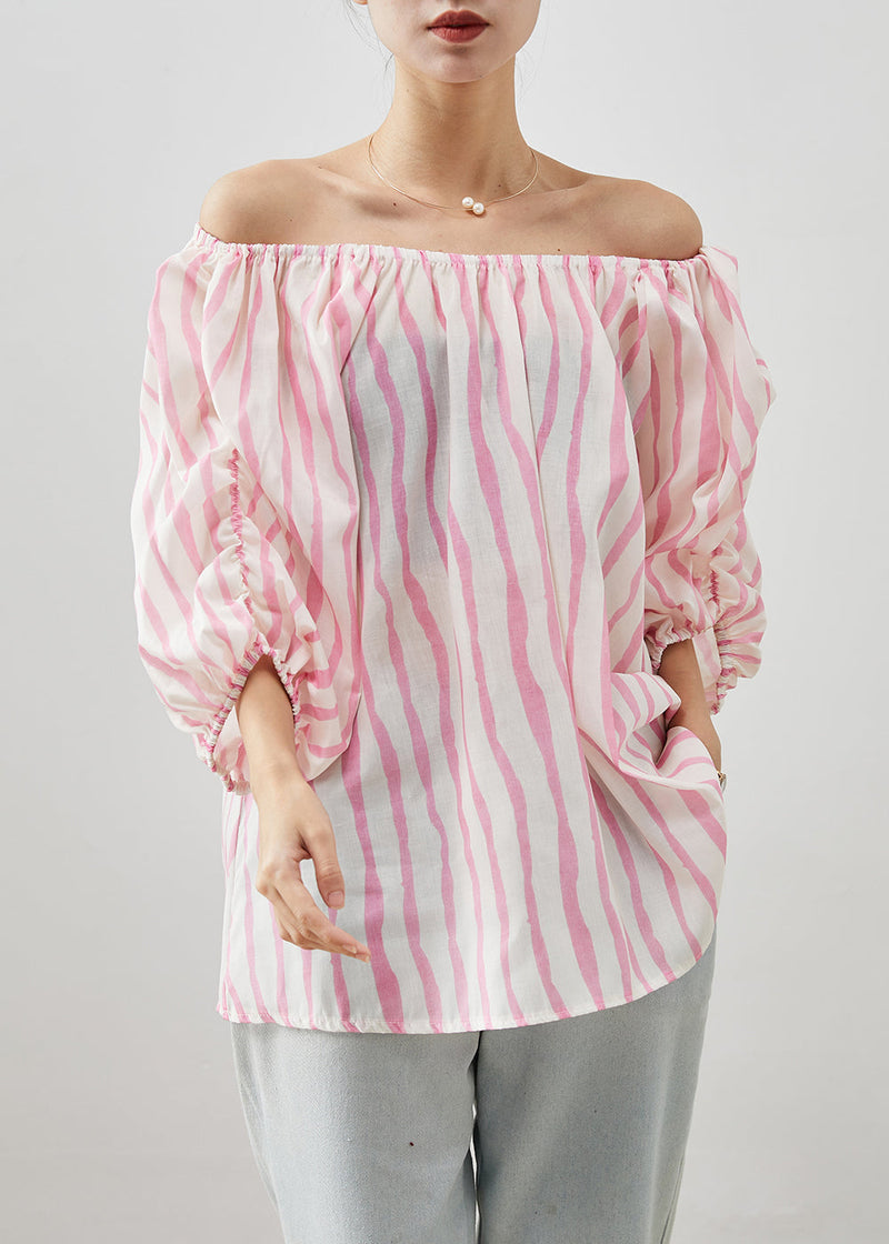 Pink Slash Neck Striped Cotton Shirt Puff Sleeve