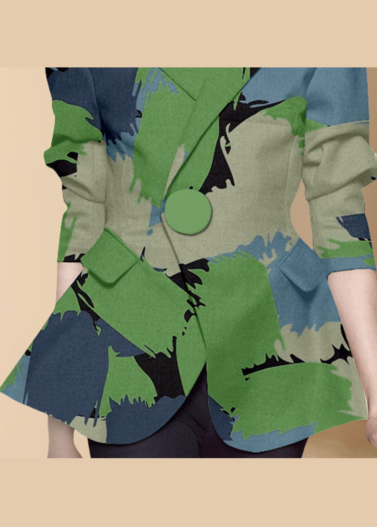 Green Button Peter Pan Collar Print Western-style Clothes Coat Long Sleeve