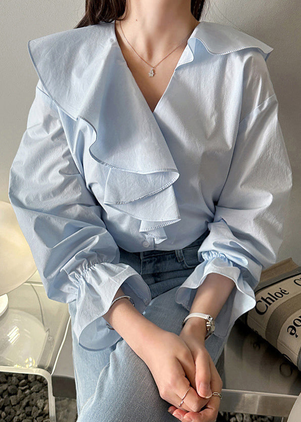 Sky Blue Asymmetrical Ruffles Cotton Shirt Fall