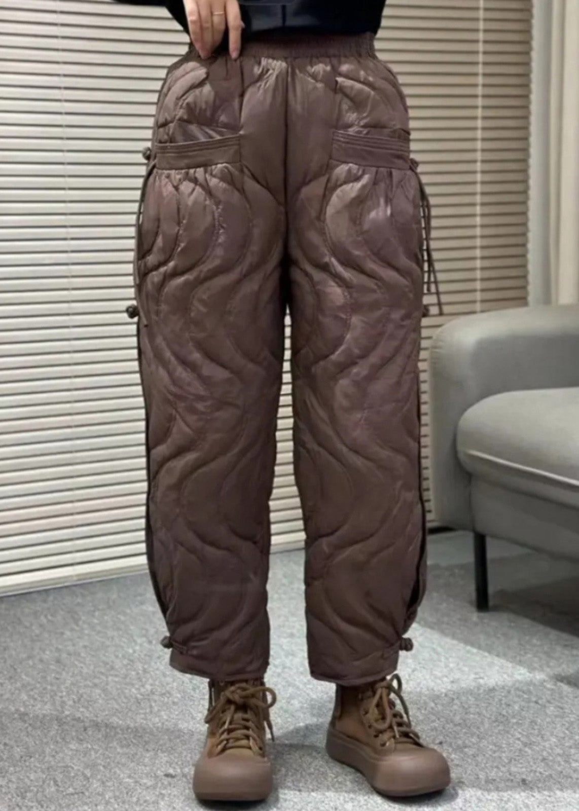 Loose Black Pockets Elastic Waist Thick Warm Pants Winter