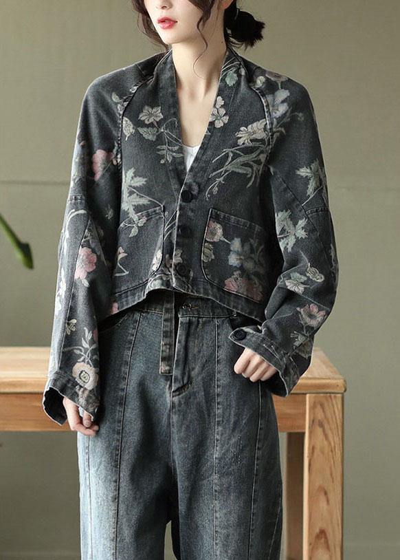 Black Print Batwing Sleeve Denim Tops