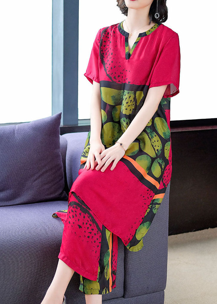 Red Print Tops and Pants Silk Two Pieces Set Summer