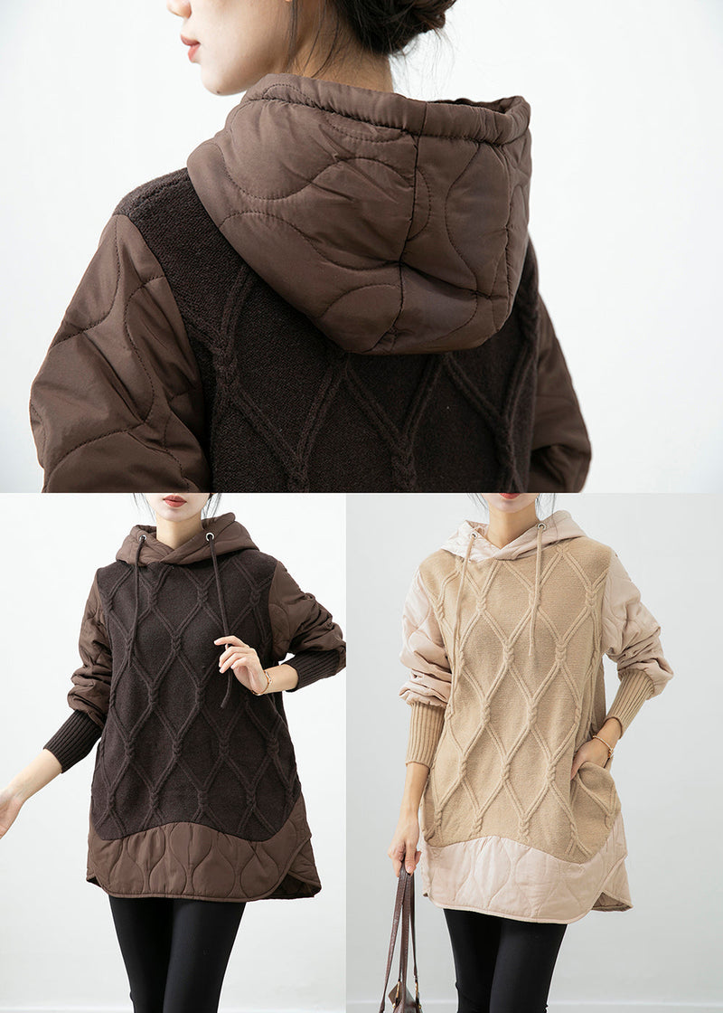 Beige Hooded Patchwork Fine Cotton Filled Sweatshirt Dress Winter