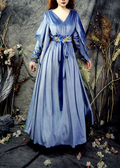 Blue V Neck Ruffles Bow Tie Waist Silk Party Dress Spring