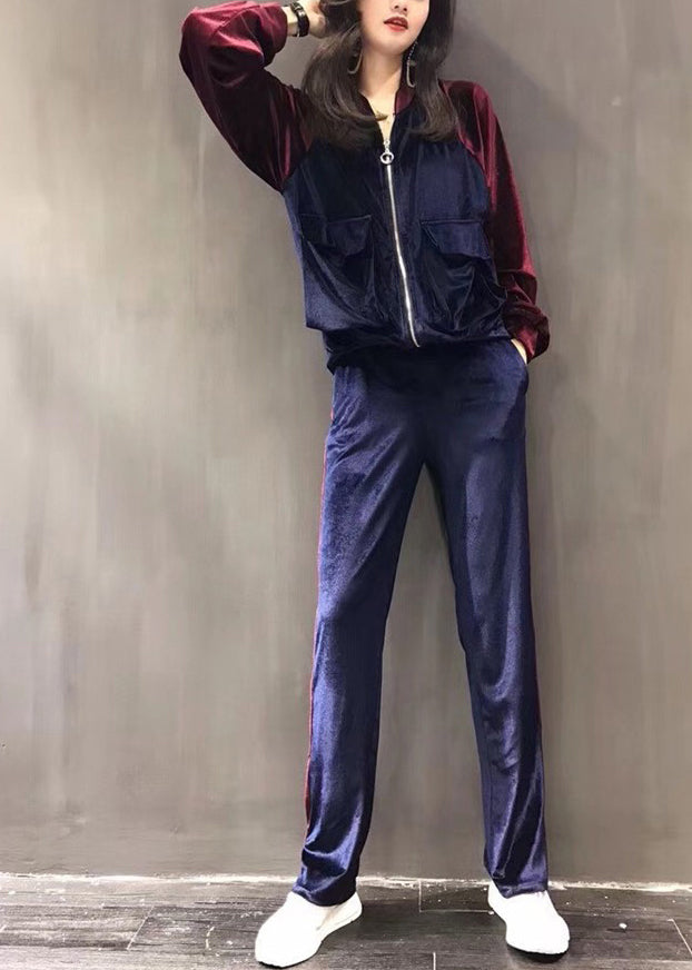 Purple Stand Collar Silk Velour Coats and Wide Leg Pants Two Pieces Set Fall