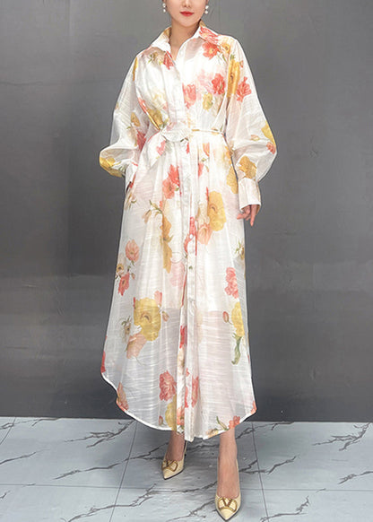 Red Peter Pan Collar Print Tie Waist Vacation Long Dresses Fall