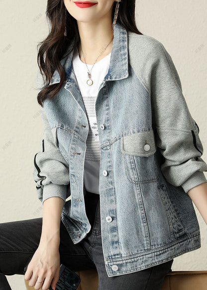 Modern Blue Peterpan Collar Button Patchwork Denim Jacket Spring