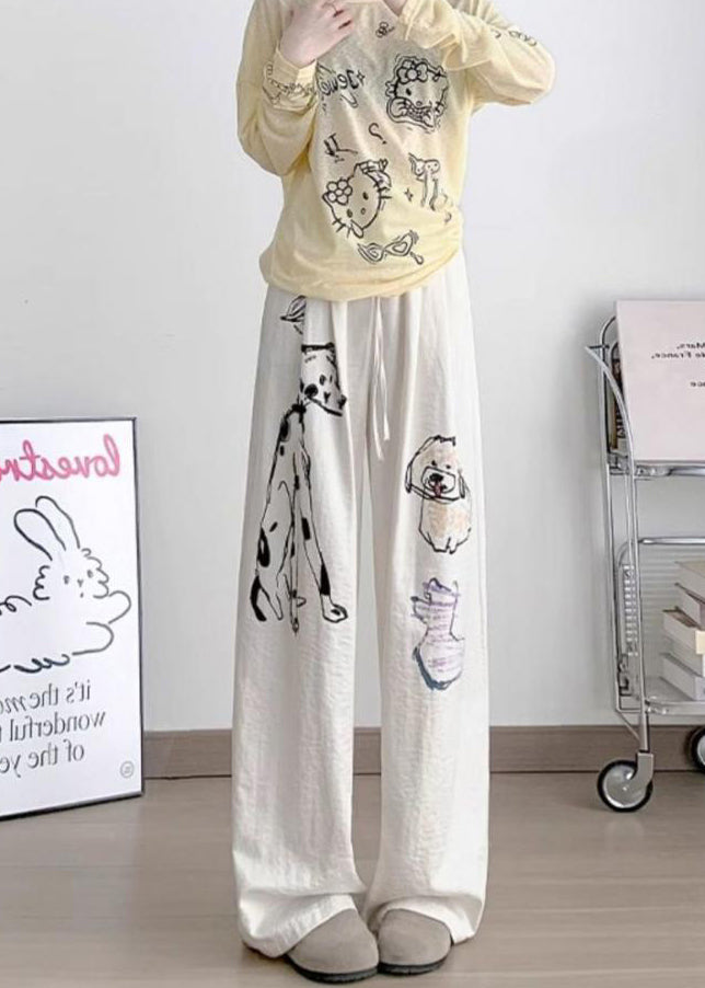 White Cartoon Print Cotton Wide Leg Pants Fall