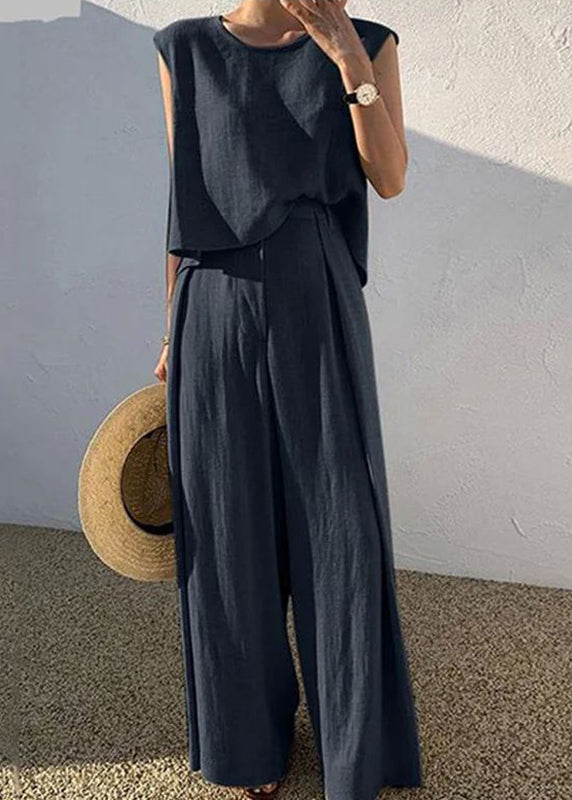Boutique Khaki O-neck T Shirt and Wide Leg Pants Two Pieces Set Sleeveless Summer