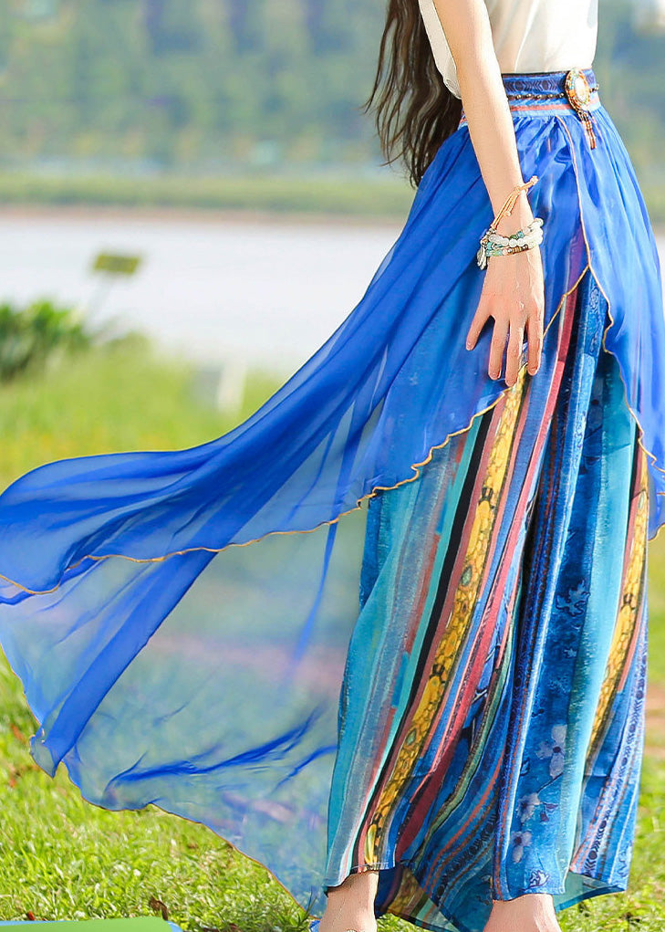 Blue Print Elastic Waist Chiffon Holiday Pants Skirt Summer