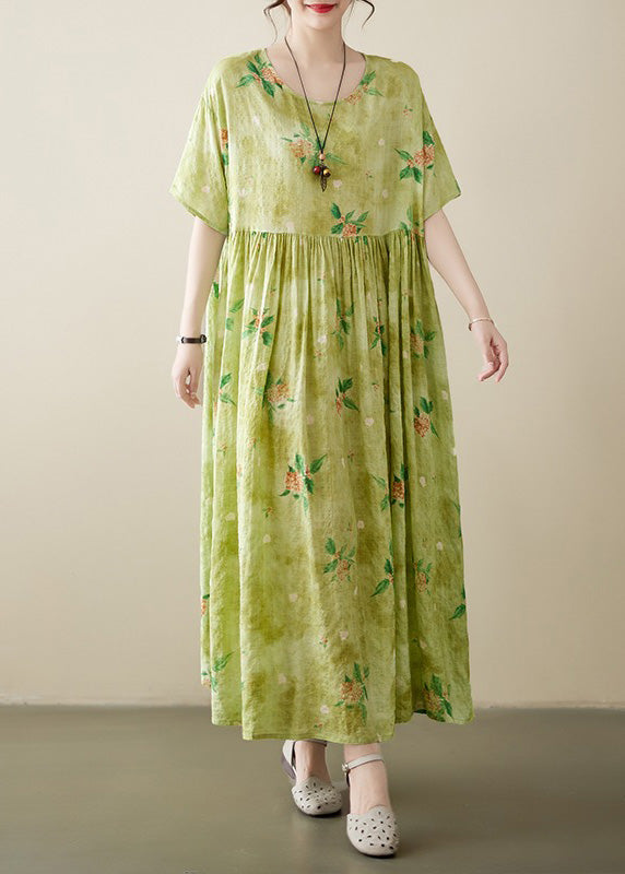 Yellow Green Print Wrinkled Cotton Long Dress Summer