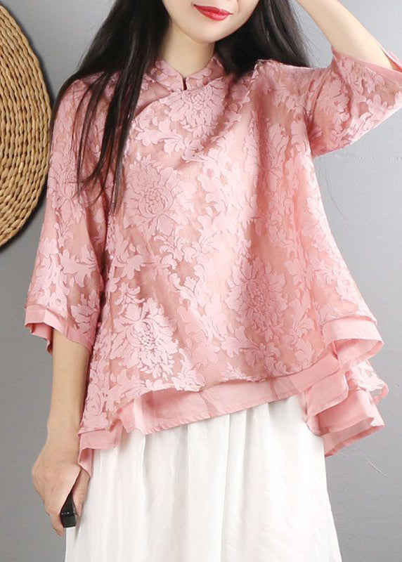 Pink Mandarin Collar Cotton Shirt Top Bracelet Sleeve