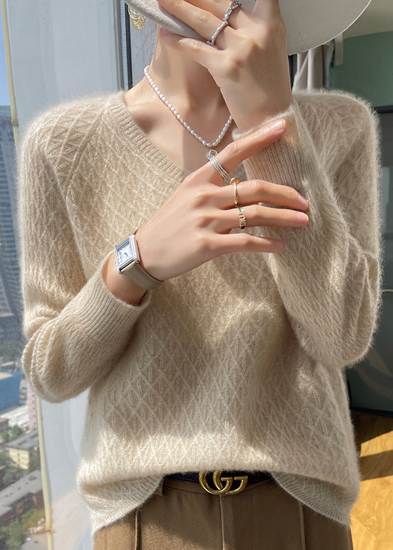Versatile Pink V Neck Knit Sweaters Top Winter