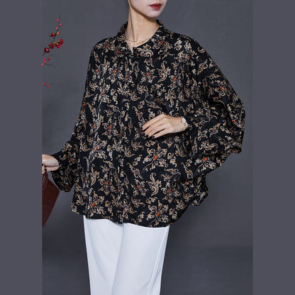 Black Print Chiffon Blouses Peter Pan Collar Summer