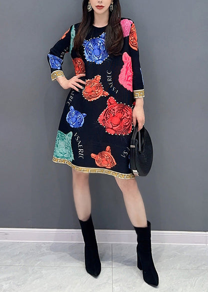 Black O Neck Print Cotton Mid Dress Spring