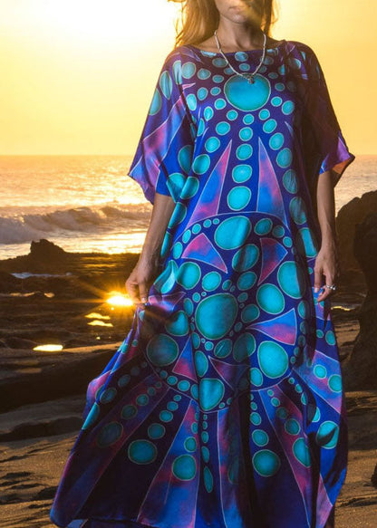 Blue Print O-neck Kimono Robe Mid Summer Cotton Dress