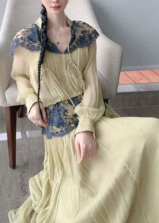 Light Green Lace Patchwork Top and Maxi Skirts Two Piece Set Lantern Sleeve