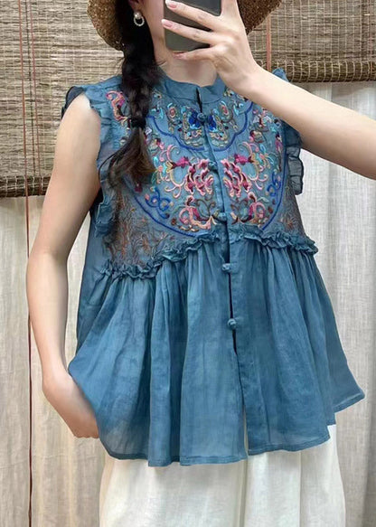 Simple Blue Embroideried Ruffles Button Linen Top Short Sleeve
