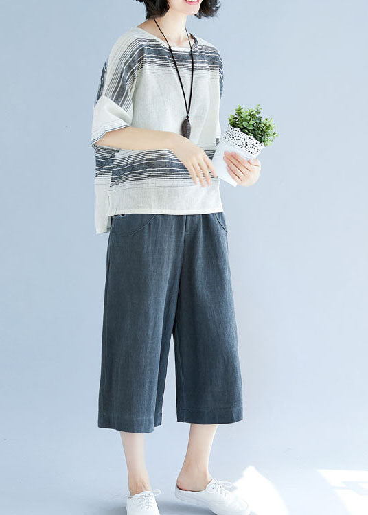 White Striped Cotton Loose Tops O-neck Batwing Sleeve