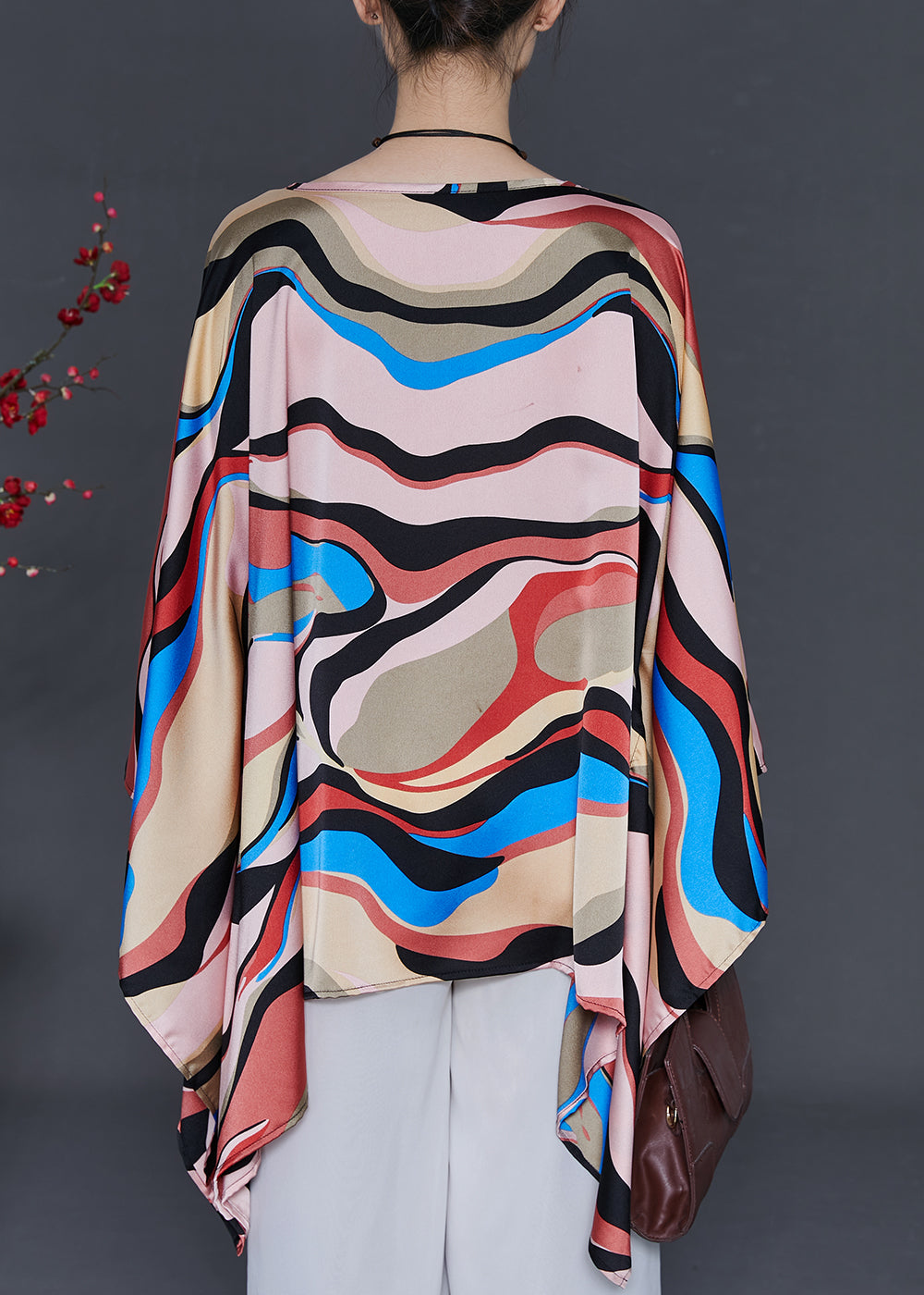 Boutique Khaki Oversized Print Silk Shirt Top Batwing Sleeve