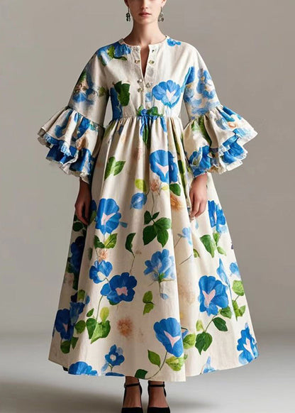 Beige Print Cotton a Line Dress Flare Sleeve Spring